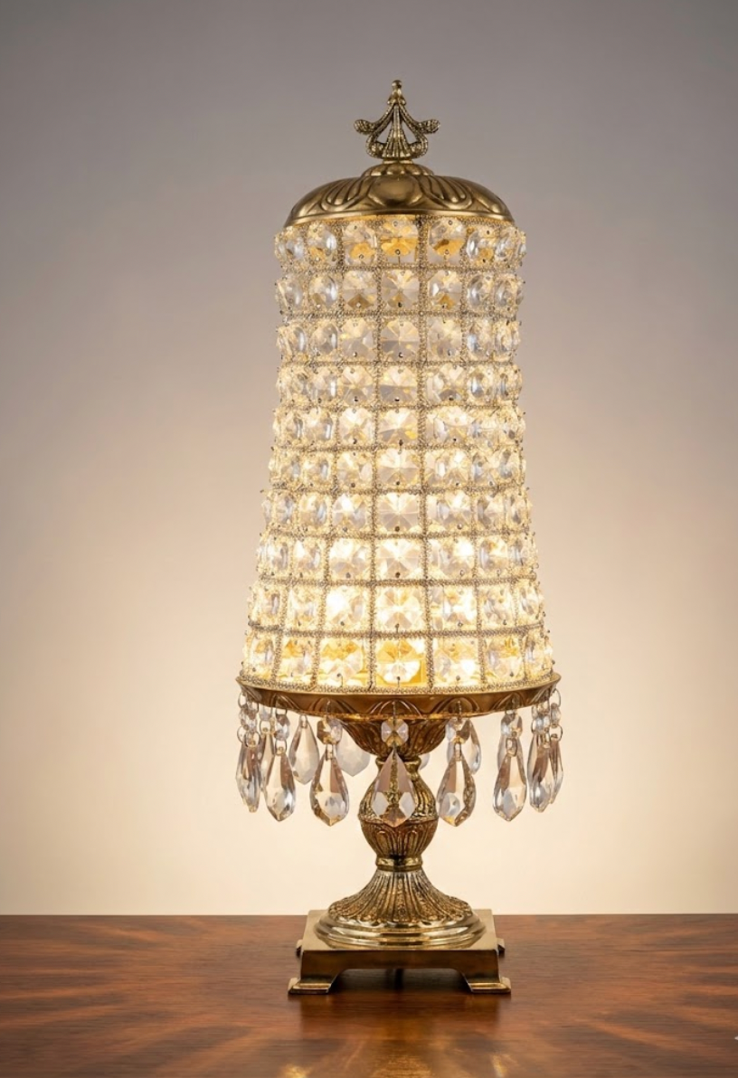 Lampe de table marocaine, pretigieuse et luxueuse en laiton et cristaux de la premiere qualité. signée LUSTREAL