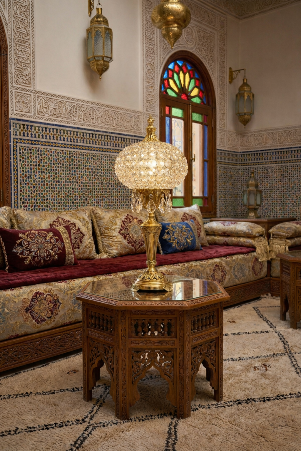 Lampe de table marocaine, pretigieuse et luxueuse en laiton et cristaux de la premiere qualité. signéé LUSTREAL