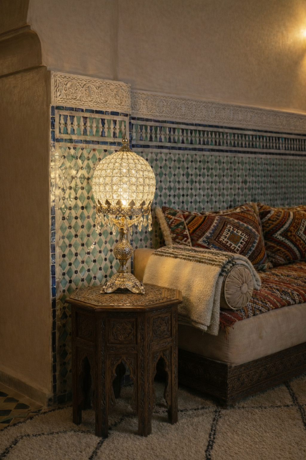 Lampe de table marocaine, pretigieuse et luxueuse en laiton et cristaux de la premiere qualité. signéé LUSTREAL