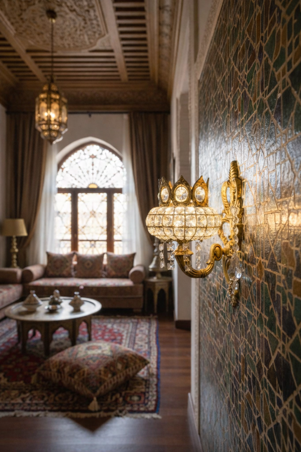 Applique murale marocaine prestigieuse en laiton travaillé et cristaux de première qualité, signée LUSTREAL.