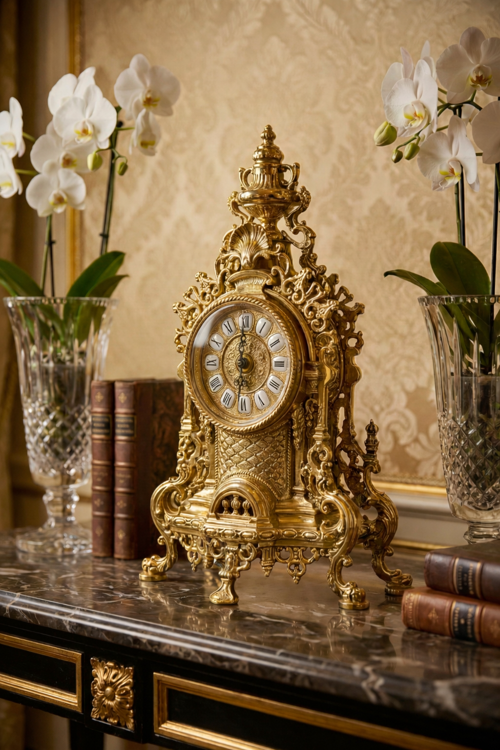 Pendule de cheminée cathédrale en laiton vintage avec candélabres