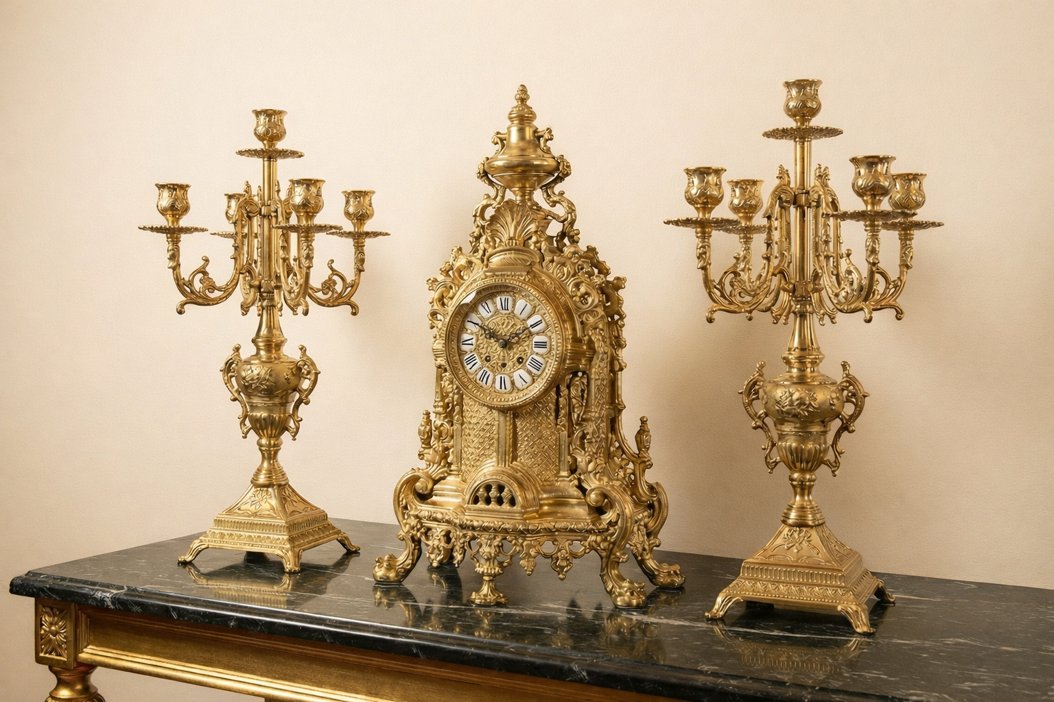 Pendule de cheminée cathédrale en laiton vintage avec candélabres