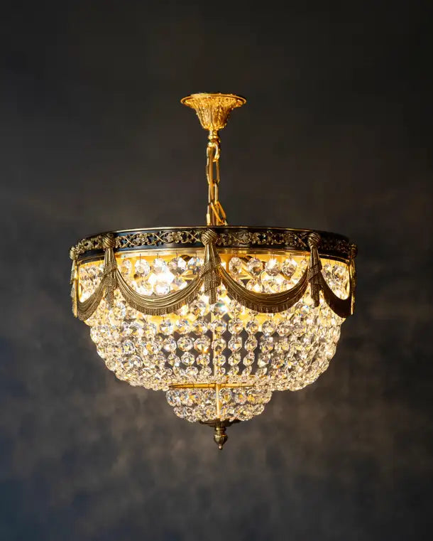 21st Century Art Deco Chandelier Ceiling Light in Crystal and Polished Gold Brass
