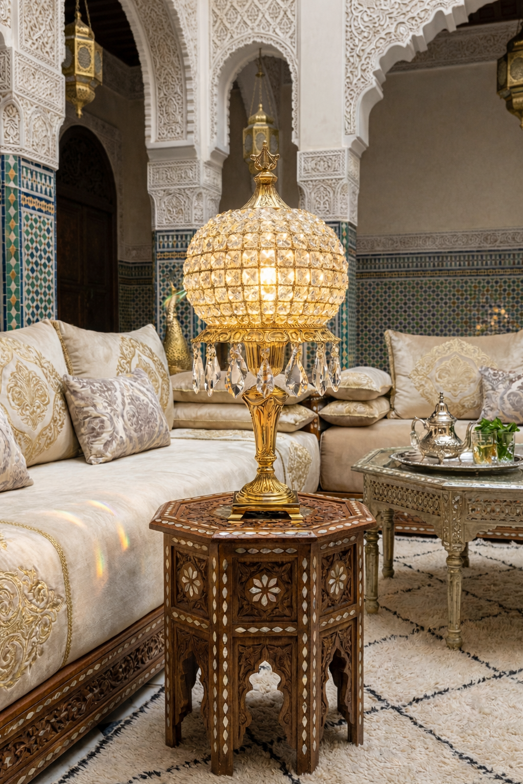 Lustreal: Lampe de table marocaine, pretigieuse et luxueuse en laiton et cristaux de la premiere qualité. signéé LUSTREAL