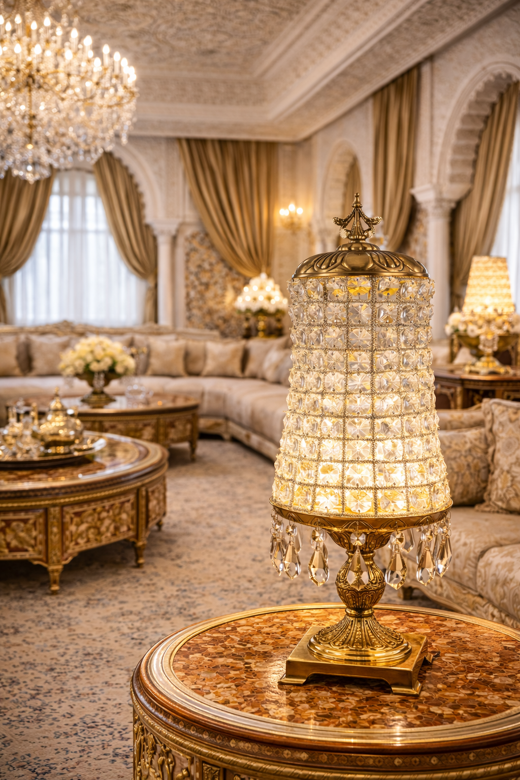 Lampe de table marocaine, pretigieuse et luxueuse en laiton et cristaux de la premiere qualité. signée LUSTREAL