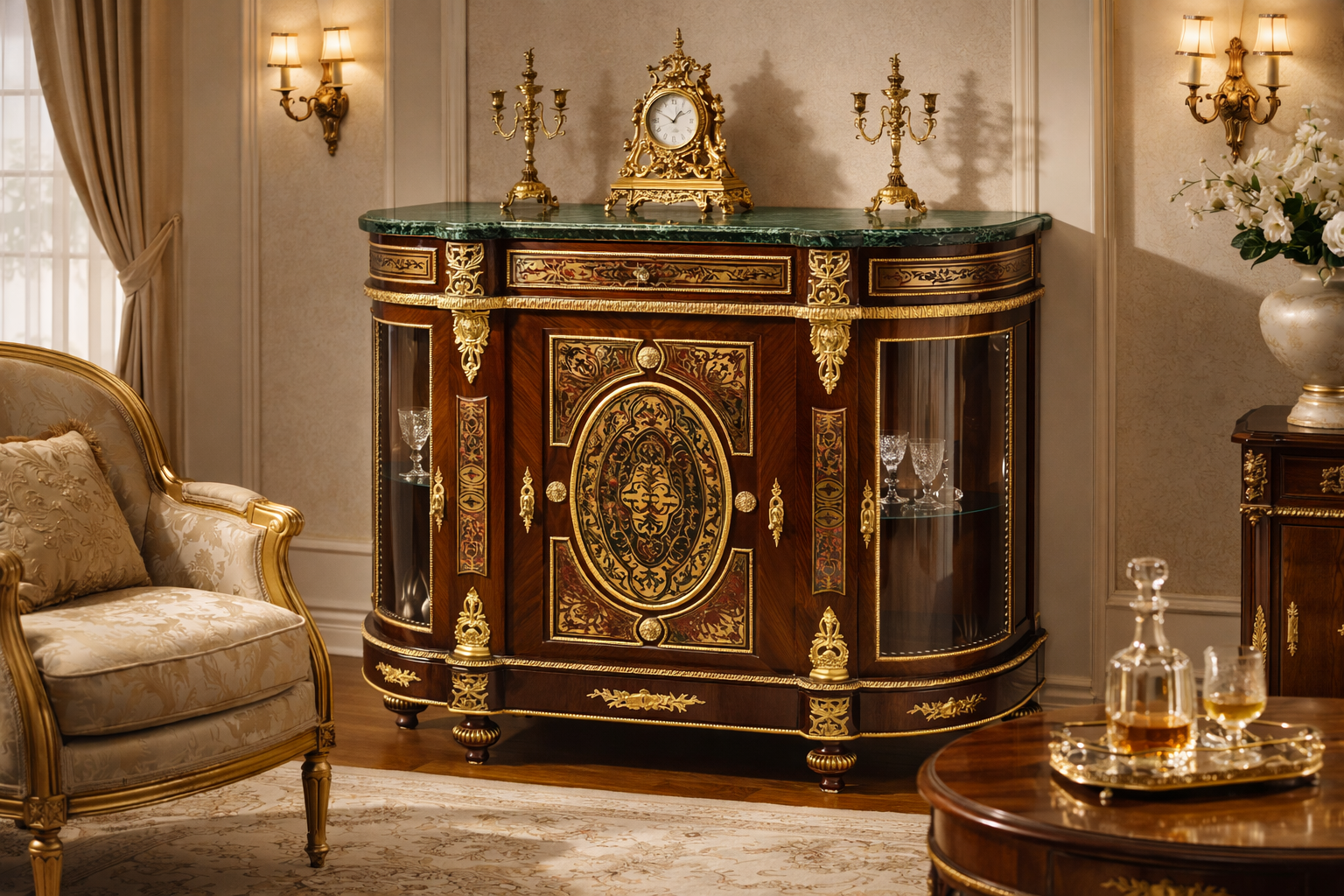 Lustreal: Meuble de Rangement Galbé à Marqueterie d'Or