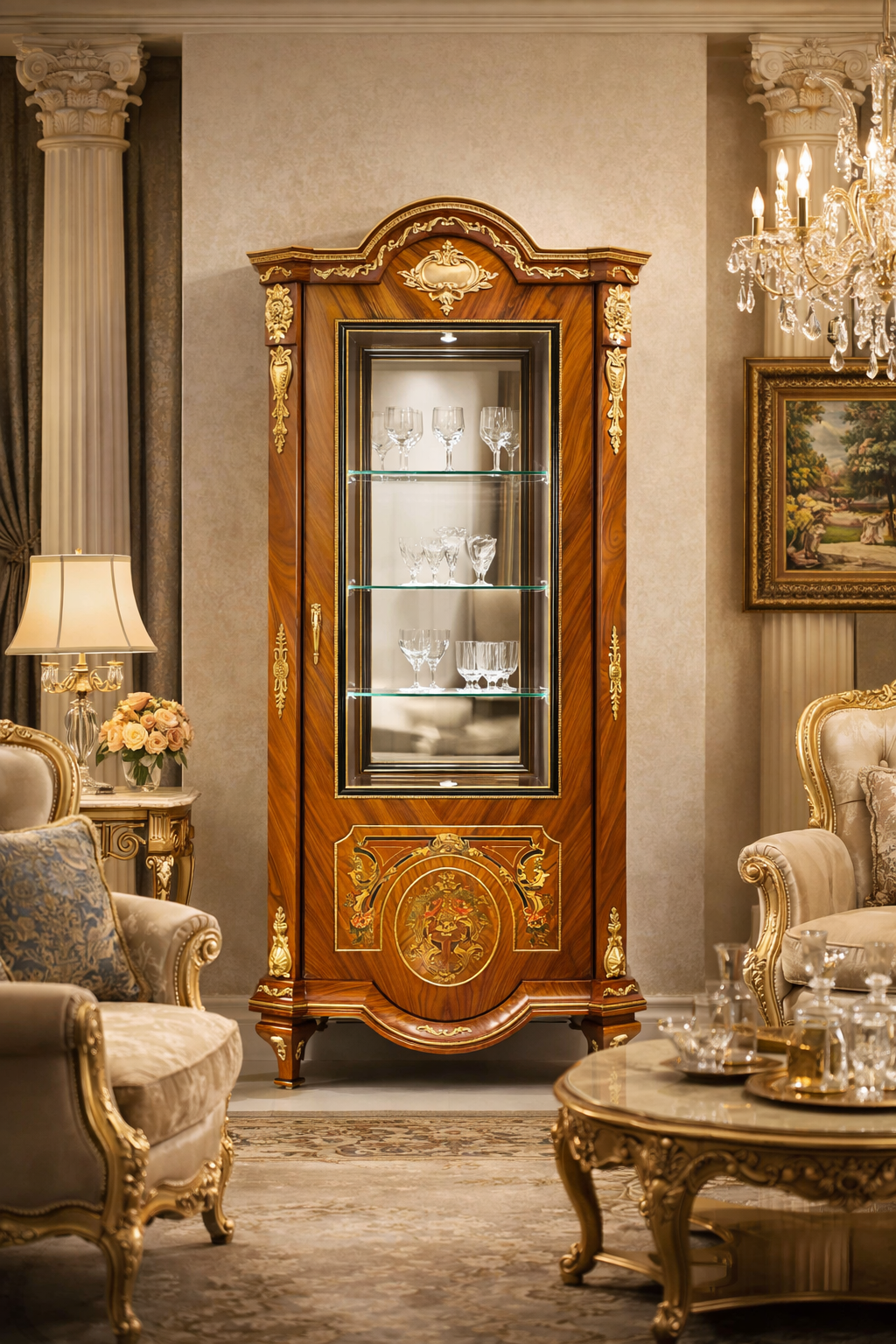 Lustreal: Vitrine de Luxe en Bois de Rose avec Marqueterie et Dorures